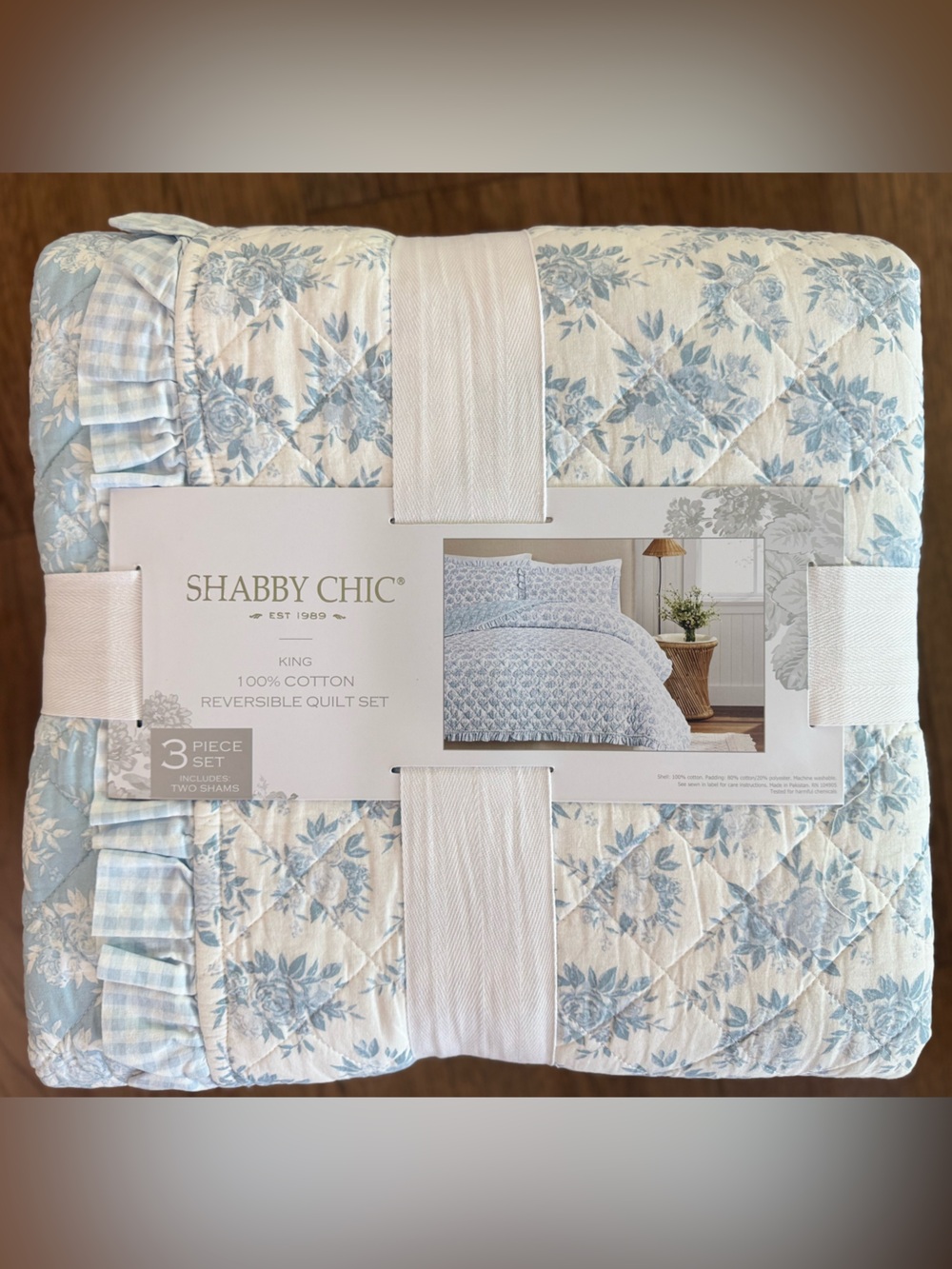 Shabby Chic Light Blue Floral Reversible Quilt Set